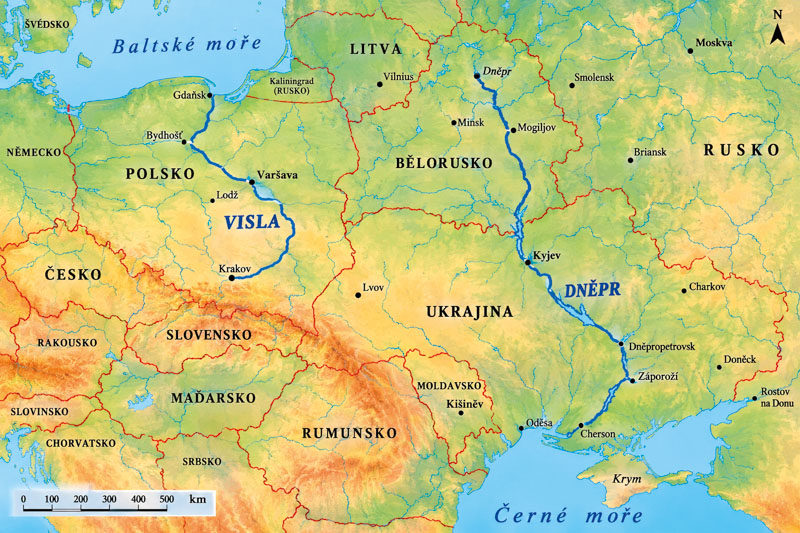 Mapa ukazuje oblast mezi řekami Visla a Dněpr, pravlast Slovanů