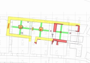 Půdorys románského paláce (dům 1). Kresba J. Růžička a P. Bartáček