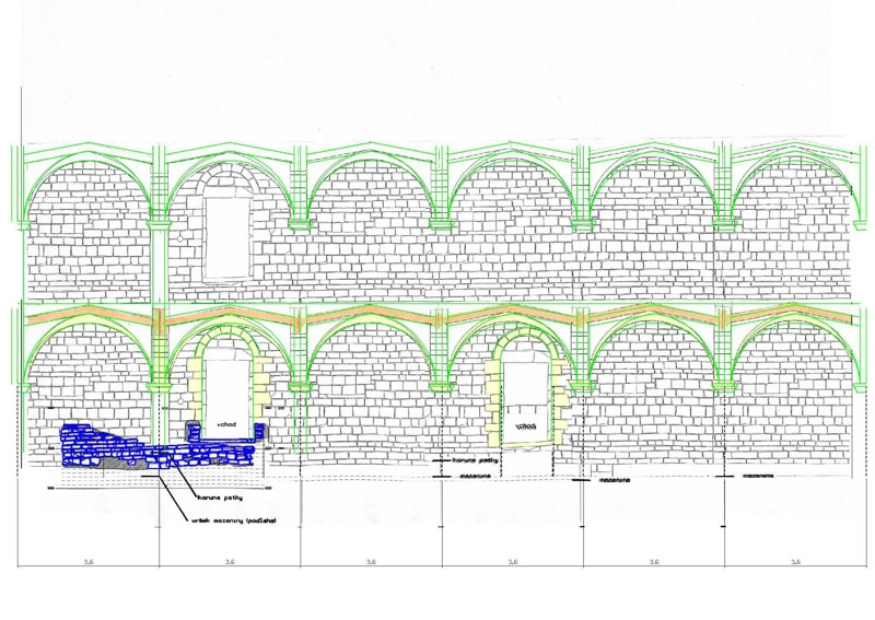 Bokorys románským palácem (dům 1). Kresba J. Růžička a P. Bartáček