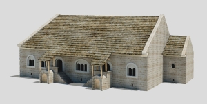 Rekonstrukce románského paláce (dům 1). Kresba P. Zoch