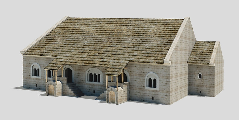 Rekonstrukce románského paláce (dům 1). Kresba P. Zoch