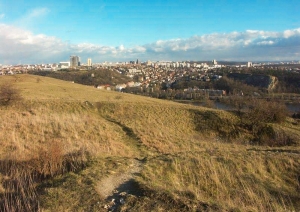 Pohled od východu z jádra hradu přes jeho předhradí na ostrožnu před hradem spadající do údolí Dalejského potoka a Vltavy. Foto M. Caha