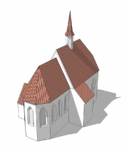 Hmotová rekonstrukce gotické podoby kostela sv. Maří Magdalény. Pohled od severovýchodu (návrh a zpracování Matouš Semerád; podle Jana Havrdy a Michala Trymla)